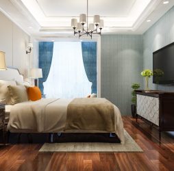 3d rendering beautiful luxury bedroom suite in hotel with tv and chandelier